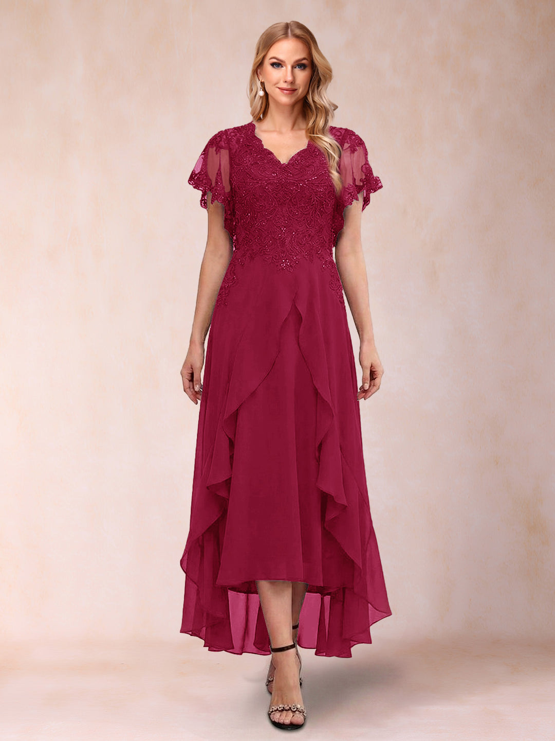 A-Line/Princess V-Neck Short Sleeves Asymmetrical Tea-Length Mother of the Bride Dresses with Appliques &amp; Ruffles