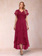 A-Line/Princess V-Neck Short Sleeves Asymmetrical Tea-Length Mother of the Bride Dresses with Appliques & Ruffles