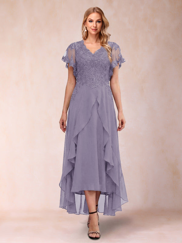 A-Line/Princess V-Neck Short Sleeves Asymmetrical Tea-Length Mother of the Bride Dresses with Appliques & Ruffles
