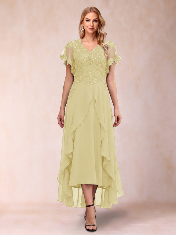 A-Line/Princess V-Neck Short Sleeves Asymmetrical Tea-Length Mother of the Bride Dresses with Appliques & Ruffles