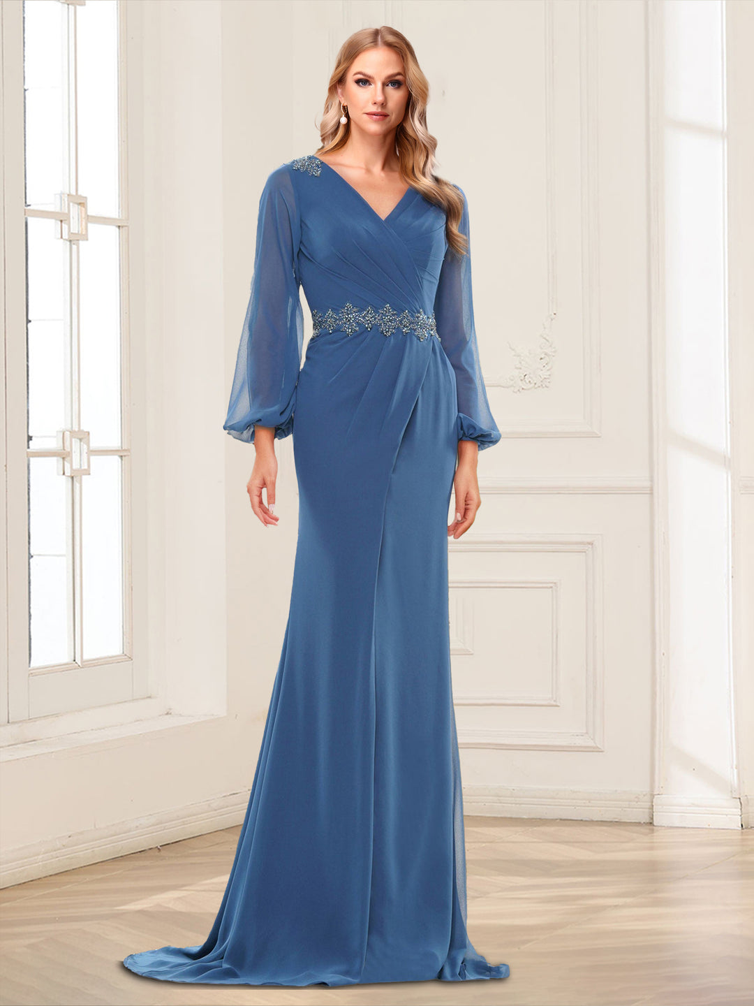 Sheath/Column V-Neck Long Sleeves Mother of the Bride Dresses With Beading