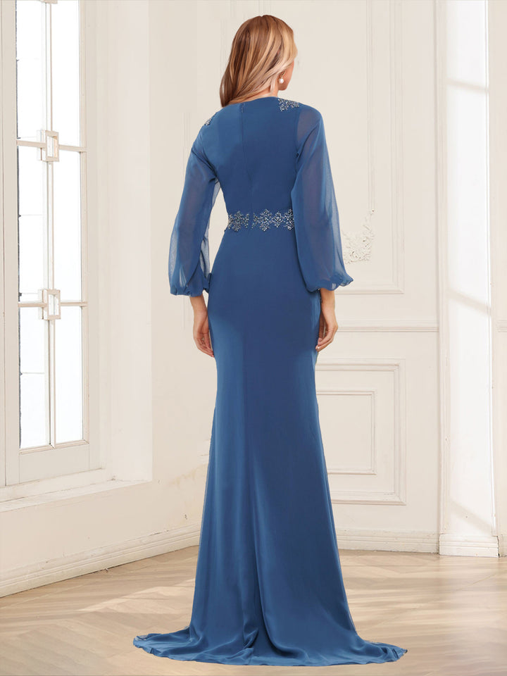 Sheath/Column V-Neck Long Sleeves Mother of the Bride Dresses With Beading