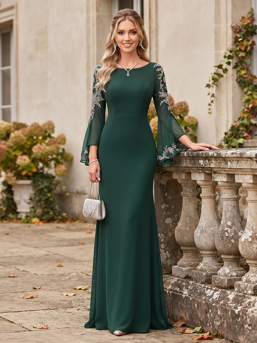 Trumpet/Mermaid Scoop Long Sleeves Chiffon Floor-Length Formal Dresses with Applique