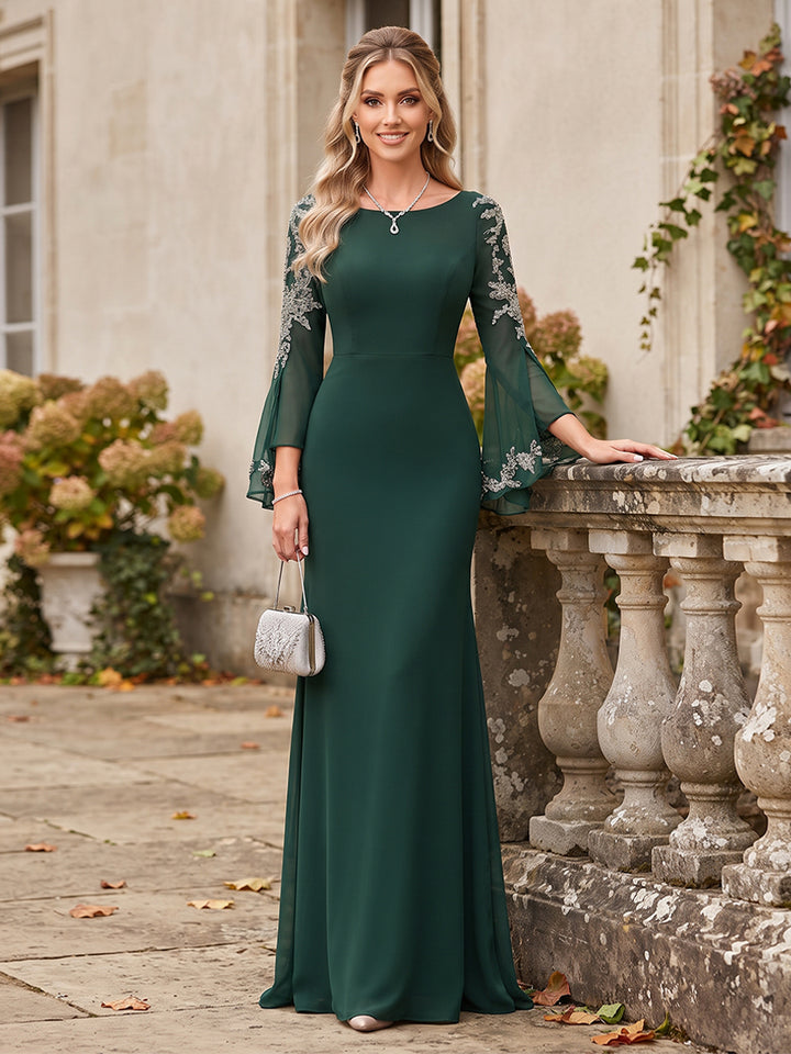 Trumpet/Mermaid Scoop Long Sleeves Chiffon Floor-Length Formal Dresses with Applique
