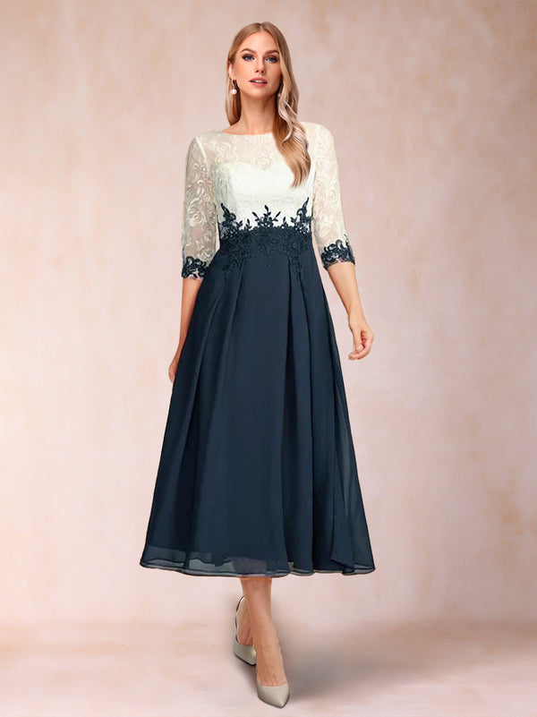 A-Line/Princess Illusion Scoop Half Sleeves Tea-Length Mother of the Bride Dresses with Lace Appliques