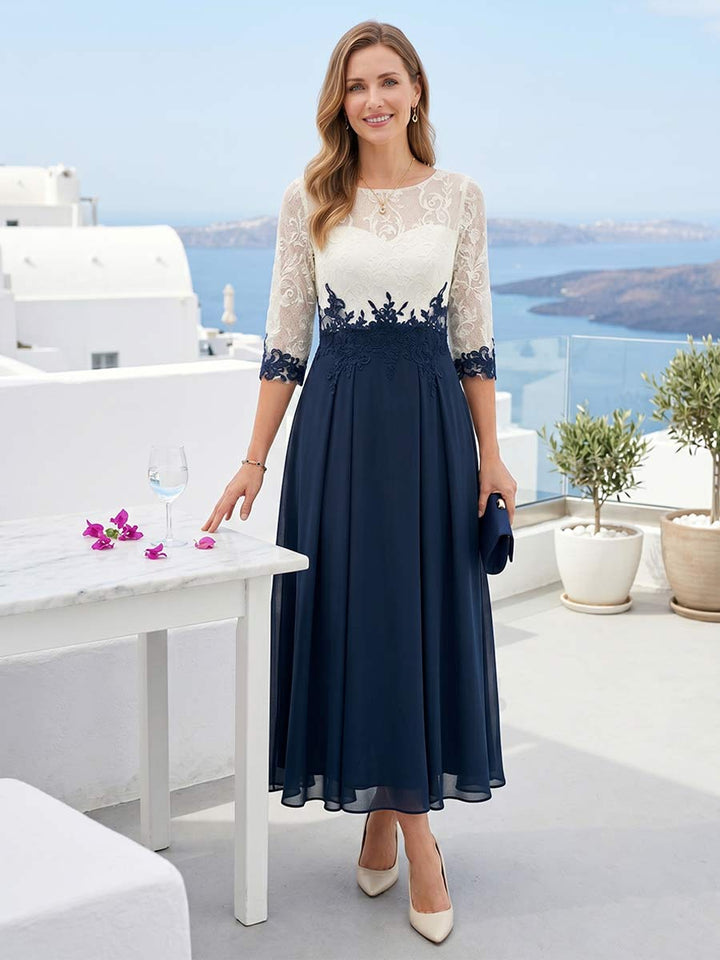 A-Line/Princess Illusion Scoop Half Sleeves Tea-Length Mother of the Bride Dresses with Lace Appliques