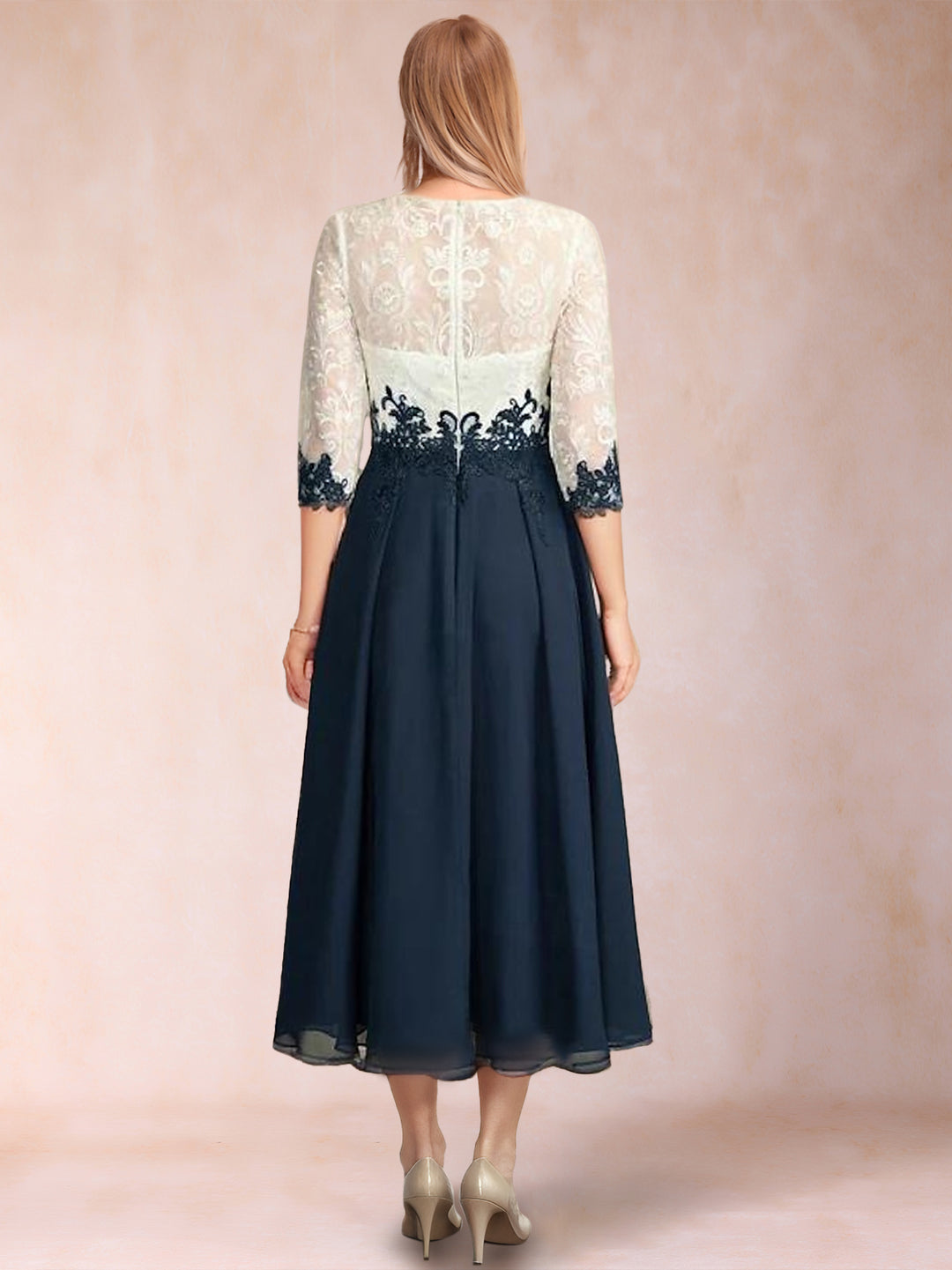 A-Line/Princess Illusion Scoop Half Sleeves Tea-Length Mother of the Bride Dresses with Lace Appliques