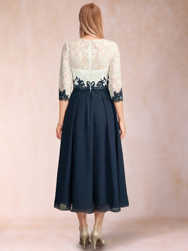 A-Line/Princess Illusion Scoop Half Sleeves Tea-Length Mother of the Bride Dresses with Lace Appliques