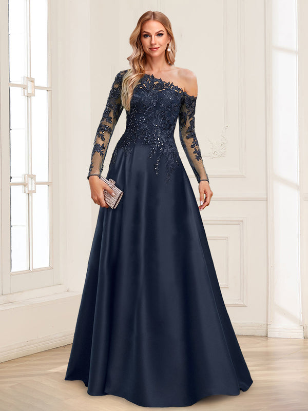 A-Line/Princess One-Shoulder Long Sleeves Floor-Length Mother of the Bride Dresses with Appliques