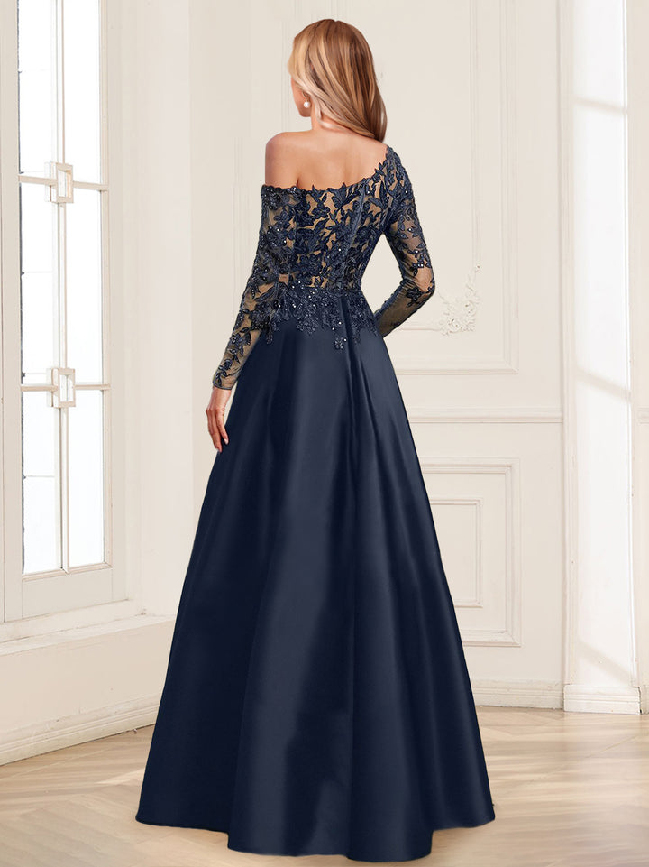 A-Line/Princess One-Shoulder Long Sleeves Floor-Length Mother of the Bride Dresses with Appliques