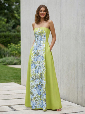 A-Line/Princess Strapless Floor-Length Prom Dresses with Floral Appliqued