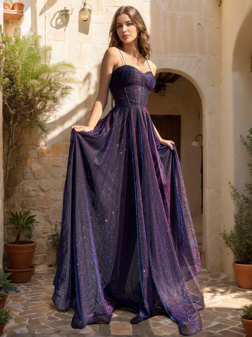A-Line/Princess Spaghetti Straps Floor-Length Prom Dresses with Sequins