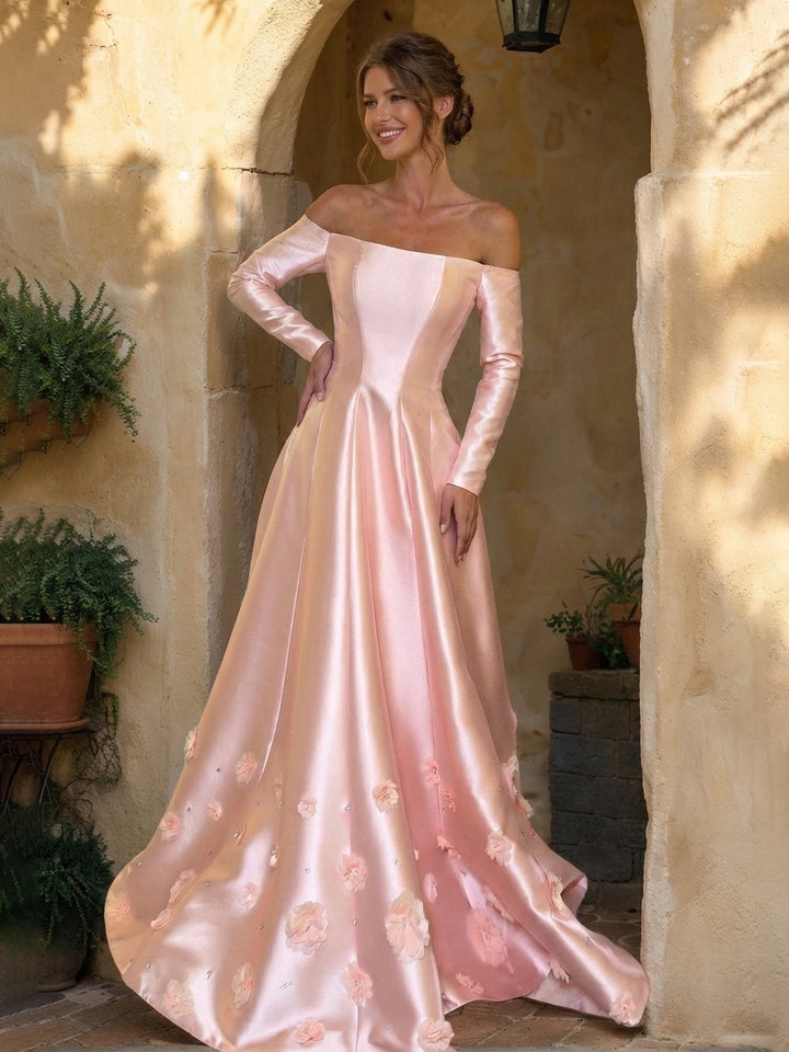 A-Line/Princess Strapless Long Sleeves Prom Dresses with 3D Flowers