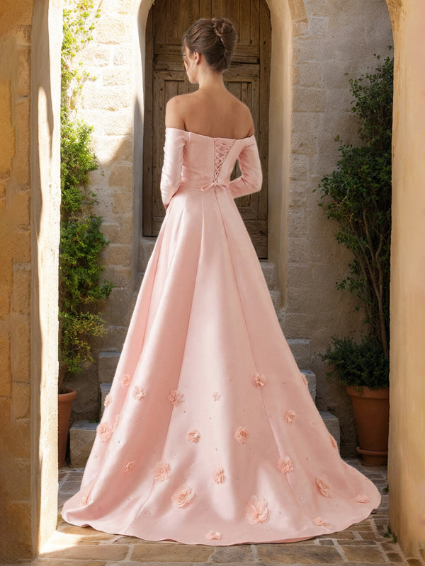 A-Line/Princess Strapless Long Sleeves Prom Dresses with 3D Flowers