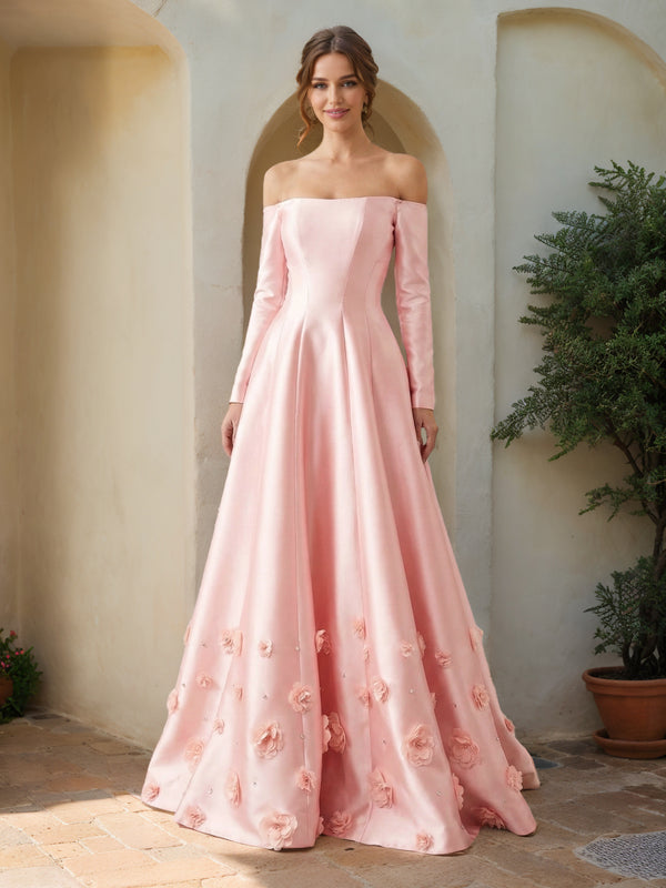 A-Line/Princess Strapless Long Sleeves Prom Dresses with 3D Flowers