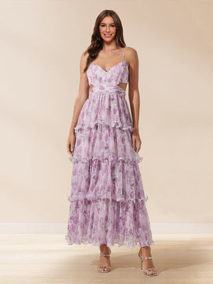 A-Line/Princess V-Neck Spaghetti Straps Ankle-Length Floral Prom Dresses With Ruffles