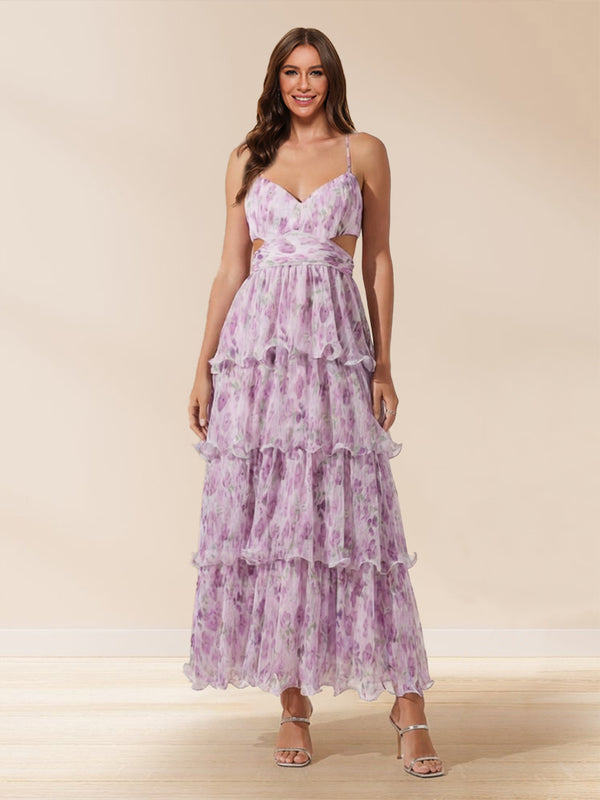 A-Line/Princess V-Neck Spaghetti Straps Ankle-Length Floral Prom Dresses With Ruffles