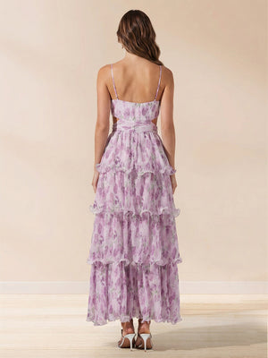 A-Line/Princess V-Neck Spaghetti Straps Ankle-Length Floral Prom Dresses With Ruffles