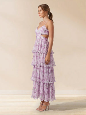 A-Line/Princess V-Neck Spaghetti Straps Ankle-Length Floral Prom Dresses With Ruffles