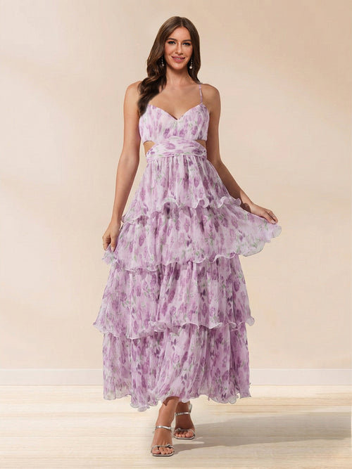 A-Line/Princess V-Neck Spaghetti Straps Ankle-Length Floral Prom Dresses With Ruffles