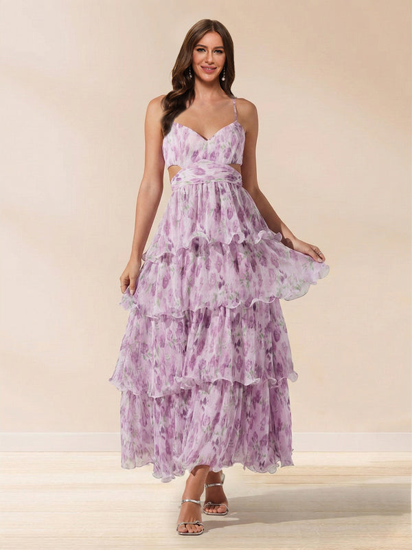 A-Line/Princess V-Neck Spaghetti Straps Ankle-Length Floral Prom Dresses With Ruffles