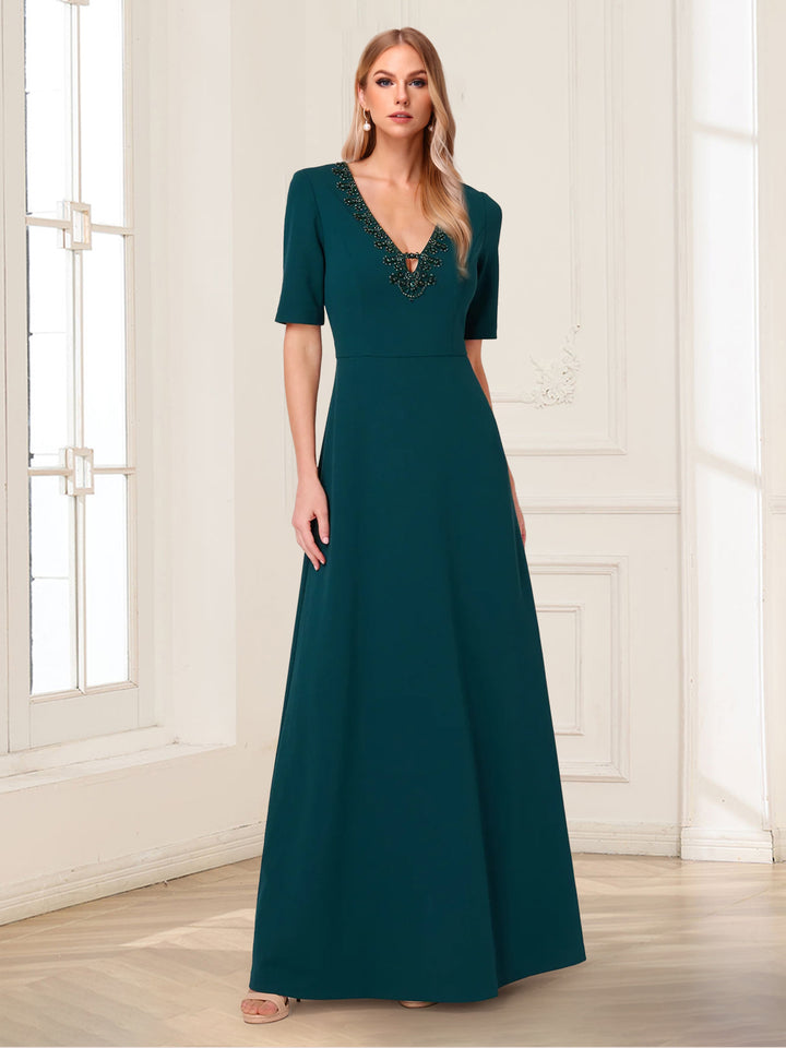 A-Line/Princess V-Neck Half Sleeves Floor-Length Mother of the Bride Dresses with Beading