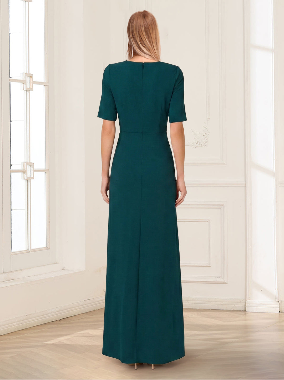 A-Line/Princess V-Neck Half Sleeves Floor-Length Mother of the Bride Dresses with Beading