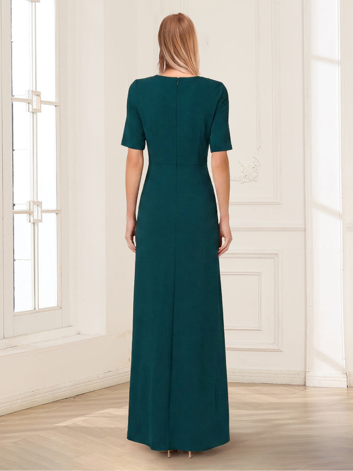 A-Line/Princess V-Neck Half Sleeves Floor-Length Mother of the Bride Dresses with Beading