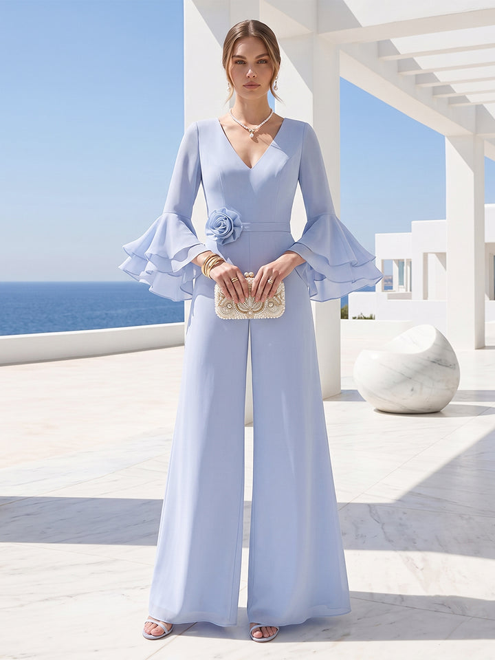Jumpsuits V-Neck 3/4 Sleeves Floor-Length Mother of the Bride Pantsuit with 3D Flower