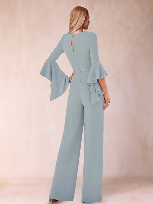 Jumpsuits V-Neck 3/4 Sleeves Floor-Length Mother of the Bride Pantsuit with 3D Flower