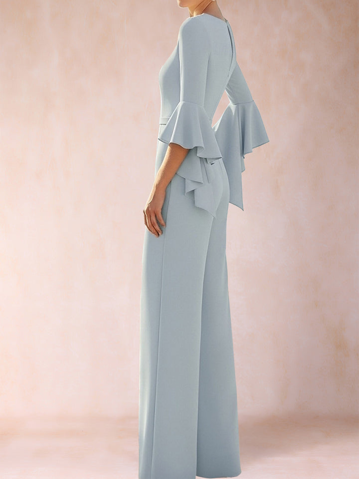 Jumpsuits V-Neck 3/4 Sleeves Floor-Length Mother of the Bride Pantsuit with 3D Flower