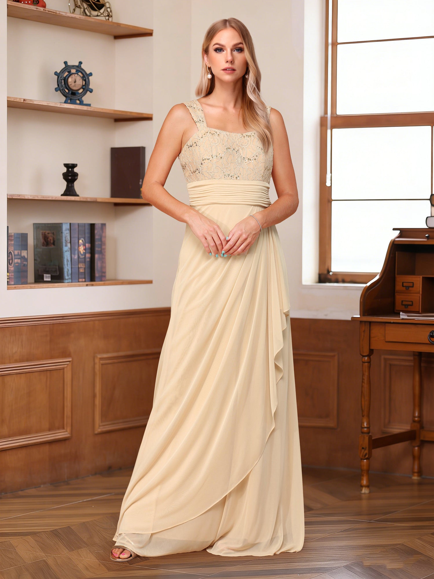 A-Line/Princess Square Neck Sleeveless Floor-Length Mother of the Bride Dresses with Sequins