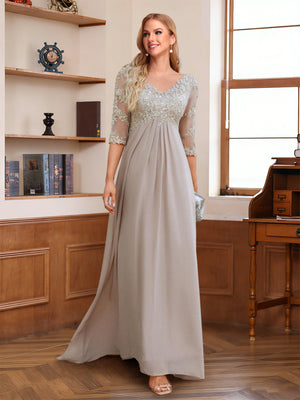 A-Line/Princess V-Neck Half Sleeves Floor-Length Mother of the Bride Dresses with Lace & Sequins