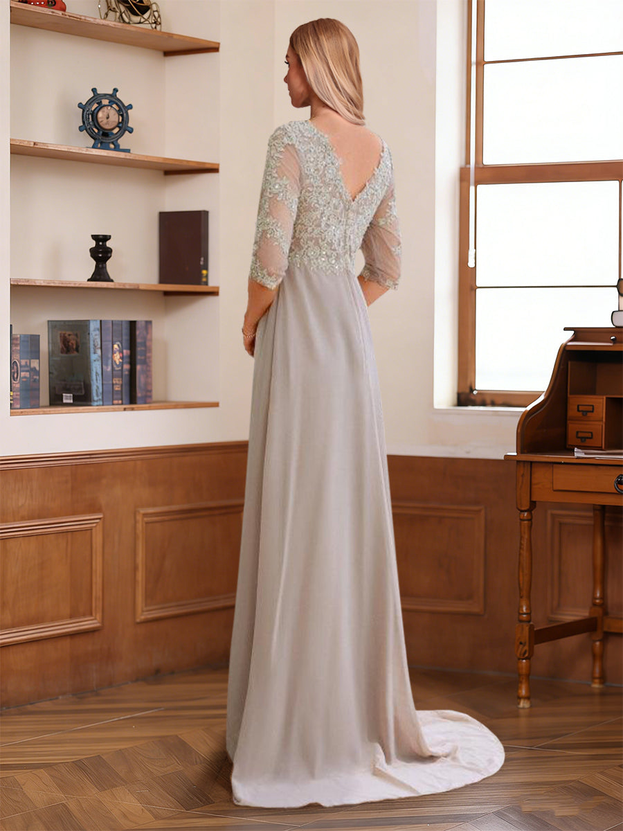 A-Line/Princess V-Neck Half Sleeves Floor-Length Mother of the Bride Dresses with Lace &amp; Sequins
