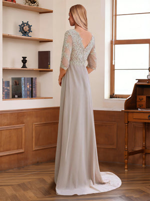 A-Line/Princess V-Neck Half Sleeves Floor-Length Mother of the Bride Dresses with Lace & Sequins
