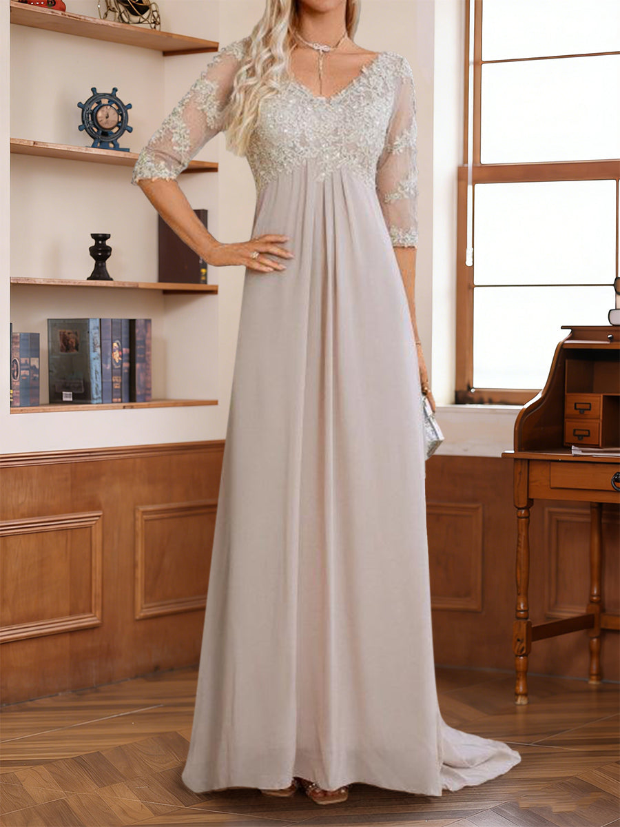 A-Line/Princess V-Neck Half Sleeves Floor-Length Mother of the Bride Dresses with Lace &amp; Sequins