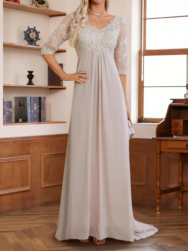 A-Line/Princess V-Neck Half Sleeves Floor-Length Mother of the Bride Dresses with Lace & Sequins