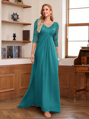 A-Line/Princess V-Neck Half Sleeves Floor-Length Mother of the Bride Dresses with Lace & Sequins