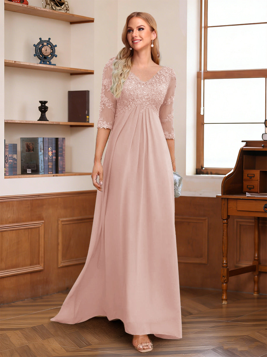 A-Line/Princess V-Neck Half Sleeves Floor-Length Mother of the Bride Dresses with Lace &amp; Sequins
