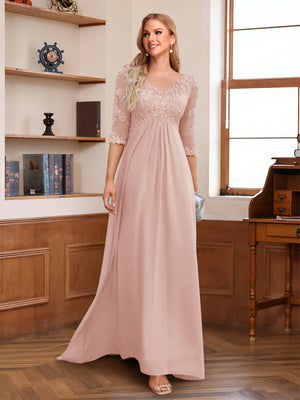 A-Line/Princess V-Neck Half Sleeves Floor-Length Mother of the Bride Dresses with Lace & Sequins