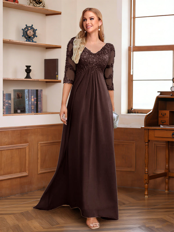 A-Line/Princess V-Neck Half Sleeves Floor-Length Mother of the Bride Dresses with Lace & Sequins