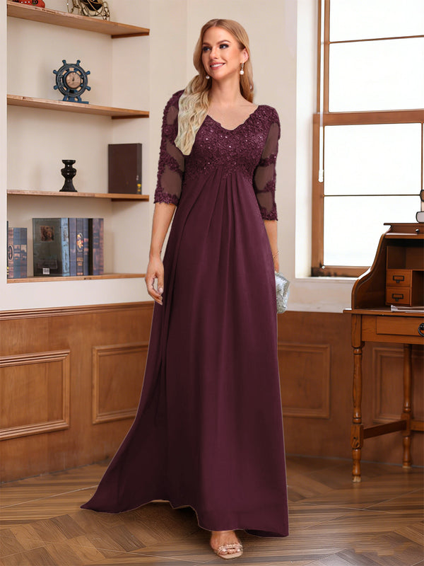 A-Line/Princess V-Neck Half Sleeves Floor-Length Mother of the Bride Dresses with Lace & Sequins