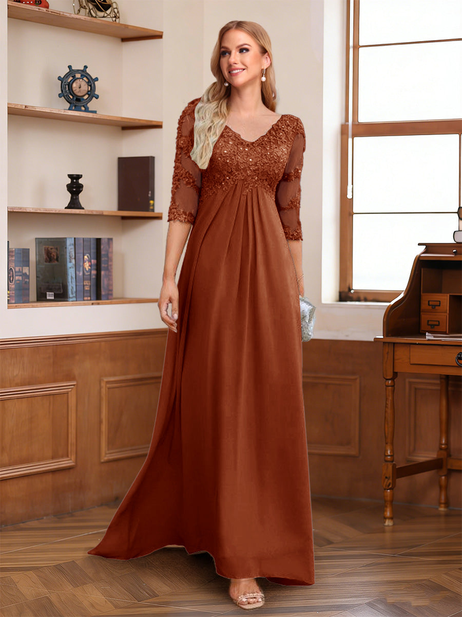 A-Line/Princess V-Neck Half Sleeves Floor-Length Mother of the Bride Dresses with Lace &amp; Sequins
