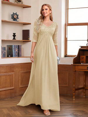 A-Line/Princess V-Neck Half Sleeves Floor-Length Mother of the Bride Dresses with Lace & Sequins