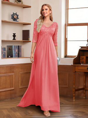 A-Line/Princess V-Neck Half Sleeves Floor-Length Mother of the Bride Dresses with Lace & Sequins