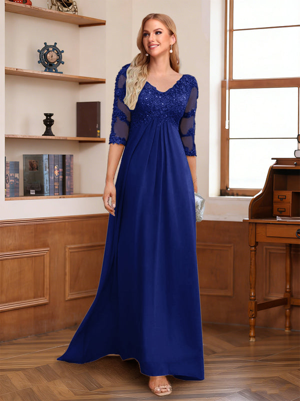A-Line/Princess V-Neck Half Sleeves Floor-Length Mother of the Bride Dresses with Lace & Sequins