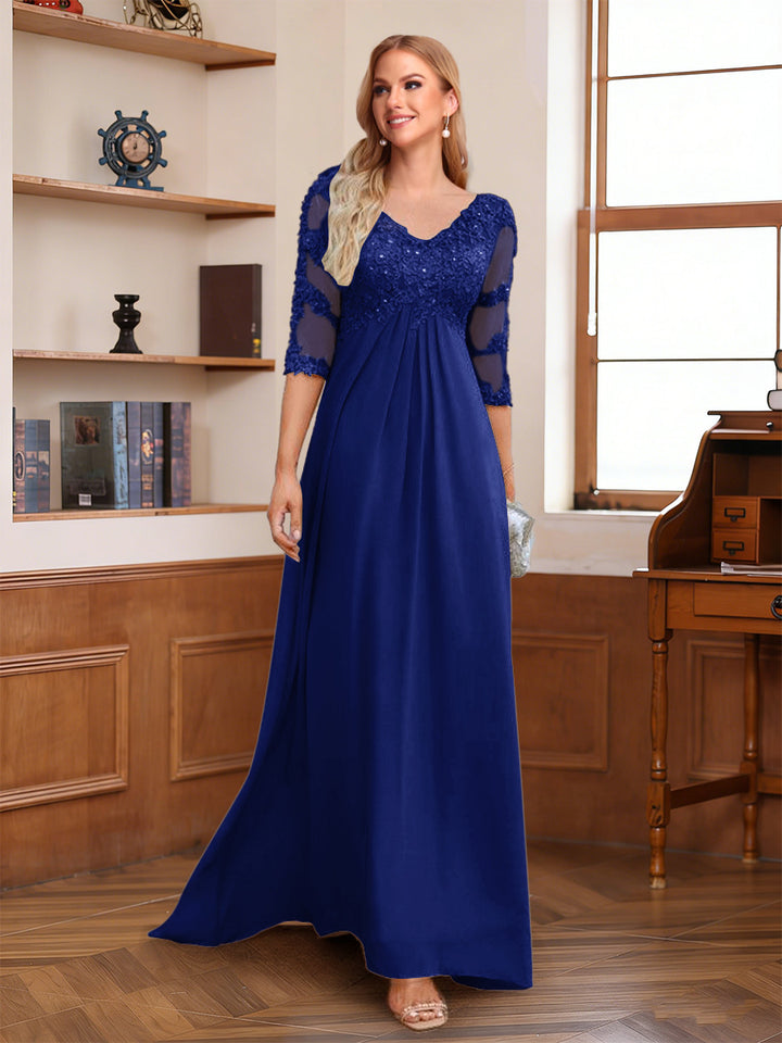 A-Line/Princess V-Neck Half Sleeves Floor-Length Mother of the Bride Dresses with Lace &amp; Sequins