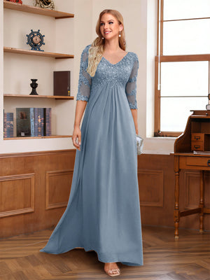 A-Line/Princess V-Neck Half Sleeves Floor-Length Mother of the Bride Dresses with Lace & Sequins