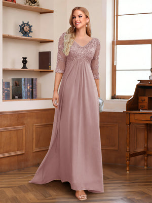 A-Line/Princess V-Neck Half Sleeves Floor-Length Mother of the Bride Dresses with Lace & Sequins