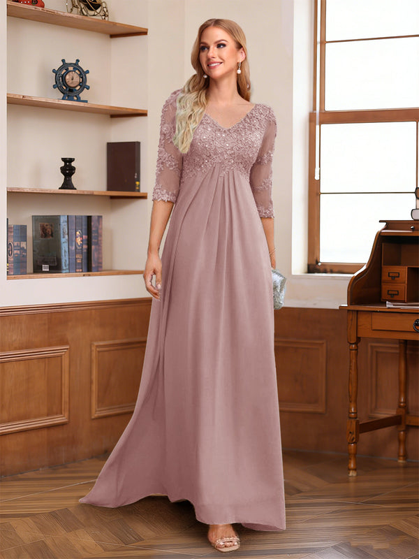 A-Line/Princess V-Neck Half Sleeves Floor-Length Mother of the Bride Dresses with Lace & Sequins
